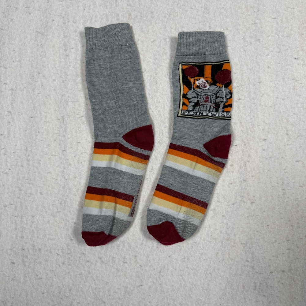 Pennywise IT Movie Clown Graphic Crew Socks Grey Striped Horror Stephen King